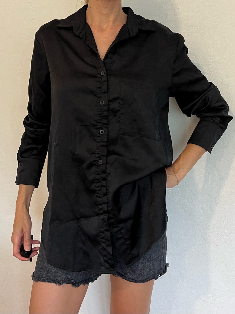 Nasty Gal Black Satin Button-Front Shirt